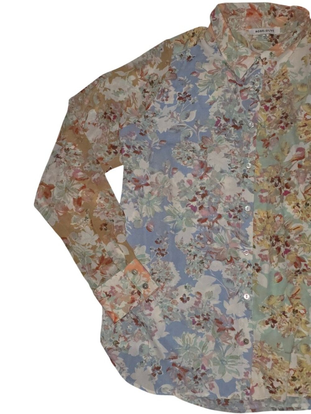 Rose + Olive Pastel Earthy Floral Lightweight Long-sleeved Blouse, XL - Picture 3 of 7